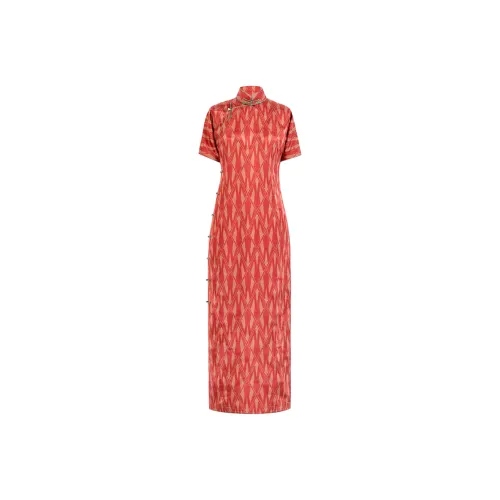 YICHENGFENGXU Чонсам Женский Оранжевый Красный Ромб С принтом