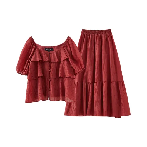OUNIXUE Летний Комплект с Юбкой Женские Кирпично-Красный