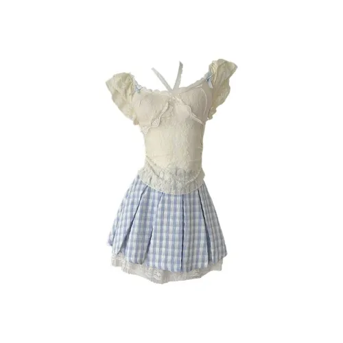 HUINIAN Комплект с юбкой Женская Абрикос + Синий Клетчатый узор Юбка