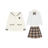 Белый Sailor Шея Свитер Кардиган + Bodycon Длинный рукав Рубашка + Конфетный цвет Обжаренный Каштановый Клетчатый Юбка + Соответствующий Клетчатый Галстук + S Значки
