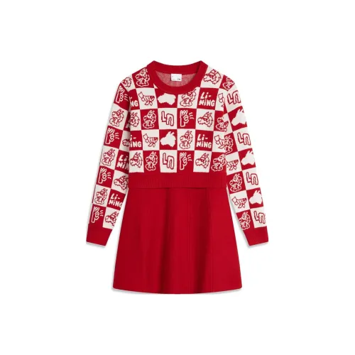 LINING YOUNG Sports Life Collection Красно-белый Квадрат Жаккард Школьный возраст Платья