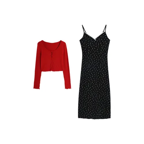 HeartyBite Красный Кардиган Черная Юбка Женские Комплекты с Юбкой