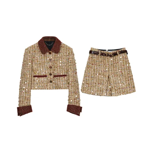 NancyCavally Комплект с юбкой Женская Укороченная Одежда Набор Куртка+Золотая Юбка с Ремнем