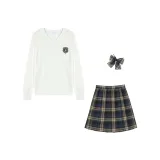 Свитеры из натурального белого трикотажа, блузка + маленькие чайники в клетку, юбка + соответствующий клетчатый галстук-бабочка + аксессуары в форме буквы S