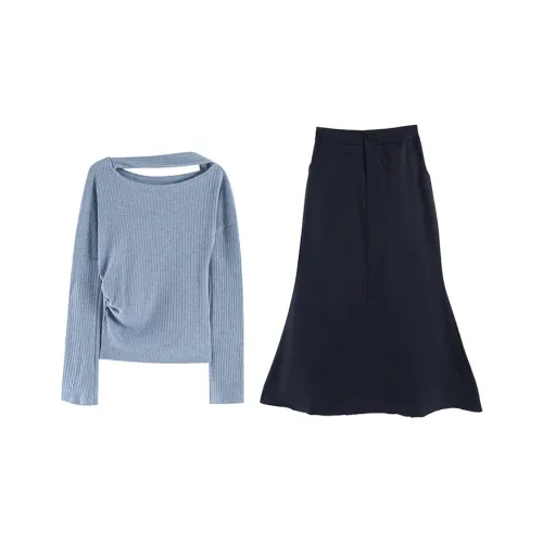 HAPG Комплект с юбкой Женская Туманно-синий Трикотаж + Темно-синий Юбка