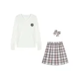 Натуральный Белый Свитера Трикотажная Ткань Блюза + Винтаж Любовь Поэма Клетчатая Юбка + Соответствующий Клетчатый Галстук + S Буква Аксессуары