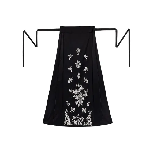 YICHENGFENGXU Повседневный длинный юбка женский черный ацетат сатин вышивка Mamian с оборками