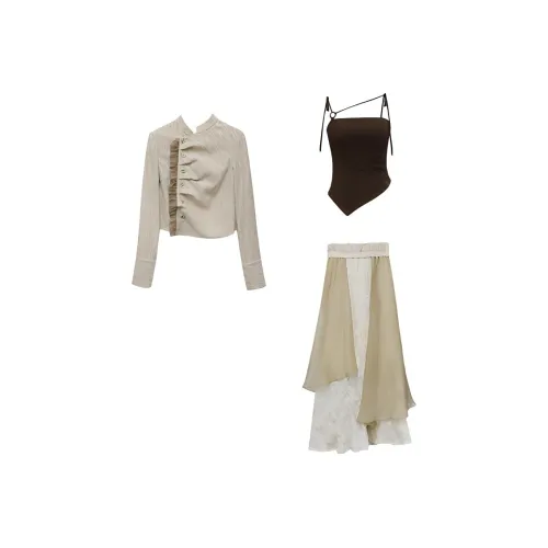 INTERPHASE Комплект с юбкой Женская Трикотажная ткань Топ на бретелях Пэчворк Юбка Кардиган