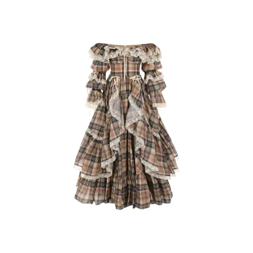 Selkie Коллекция FW24 Evening Платье Женское Коричневое Основное с Гусиной лапкой Узор с Принт