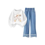 [Свитшот с круглым вырезом / Джинсовые расклешенные штаны] Белый + Светло-синий