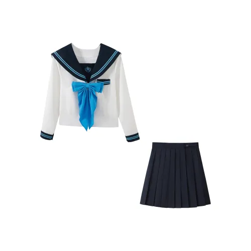 KAZAN Длинный рукав Темно-синий Ожерелье-чокер с Синий Юбка+Темно-синий Плиссированная юбка+Синий Галстуки-бабочки Женская Униформа