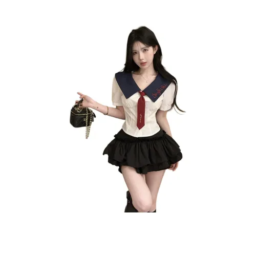 DGMZ UNIFORM Женская Белая Рубашка Галстук+Черная Юбка Комплект Одежды