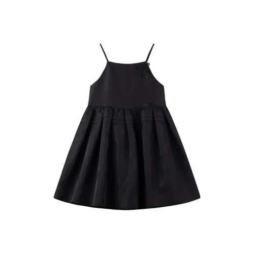 MUCMUKN [Глянцевый Росный Сатин] Женский Французский Сладкий стиль Пышная юбка Школьный возраст Бант Черное платье Детский