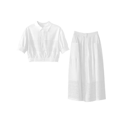Fstudio Летний комплект с рубашкой и юбкой вырезами кружево укороченный женский белый