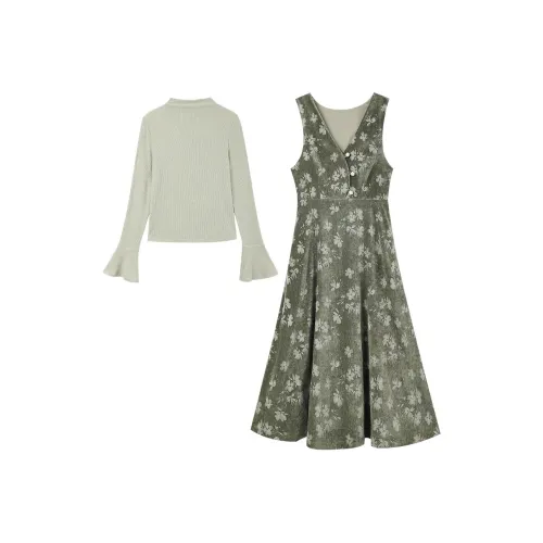 MUYI Винтажный Светлый Художественный Стиль Комплект с Юбкой Женские DILL Зеленый
