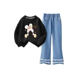 [Свитшот с круглым вырезом / Джинсовые расклешенные штаны] Черный + Светло-синий