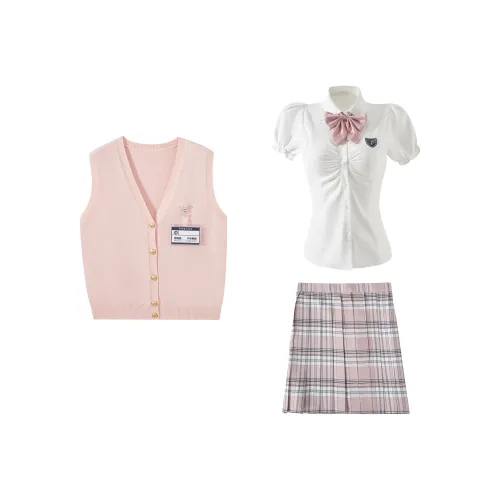 KAZAN Розовый Жилет FIVE Комплект Розовый Жилет + Грудь Пластина + Белый Значок с утяжкой на талии Рубашка + Белый и Розовый Собранный Юбка + Розовый Галстук-бабочка Женская Униформа