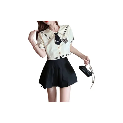 Garbege Абрикос Рубашка Галстук-бабочка Черный Юбка Комплект Женская Униформа
