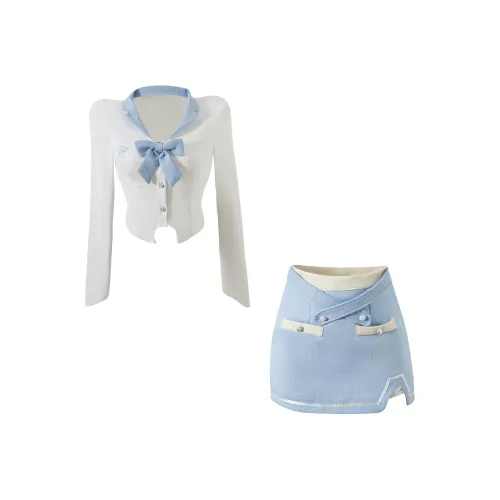 KAZAN Белый и синий цвет Ожерелье-чокер Рубашка+Сине-белый Юбка-бодикон+Синий Бант Женская Униформа