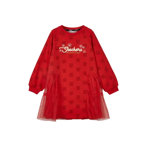 Skechers Новогодний красный Основа Благоприятный Цветочный Полный принт flower/03NB Школьный возраст Платья