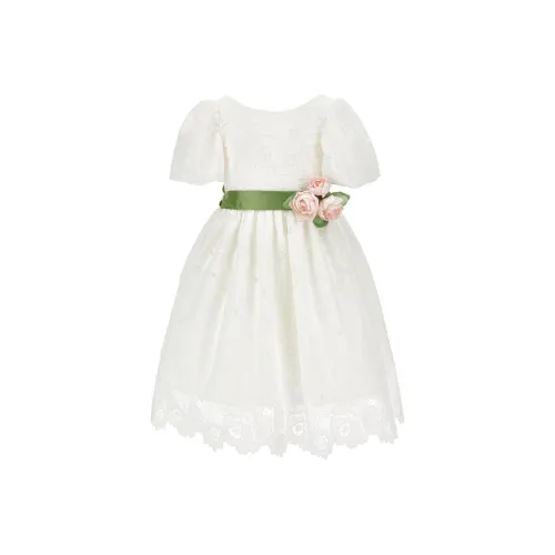 MONNALISA Детская одежда Круглый вырез Короткий рукав Молния Кружево Цветочный Ремень Длина MID Платье Детский Белый