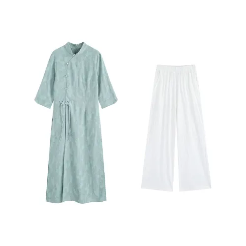 Garbege Белые брюки Зеленый Robe Одежда Комплект Женские Ципао