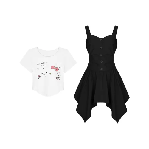 Черный Сладкий Нерегулярный Подол Юбки с Прохладным And Стильным Комплектом Юбка+Белая Рубашка