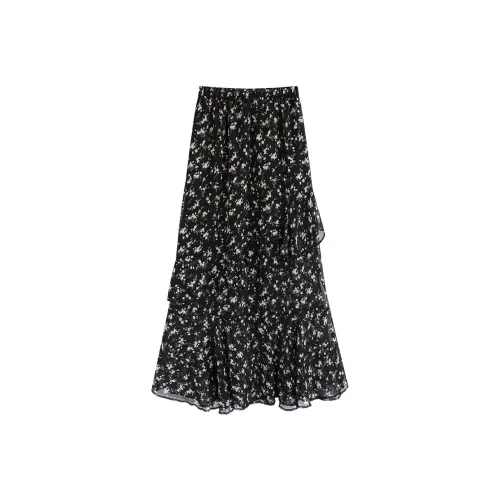 Garbege Повседневный Длинный Юбка Женская Черный Цветочный