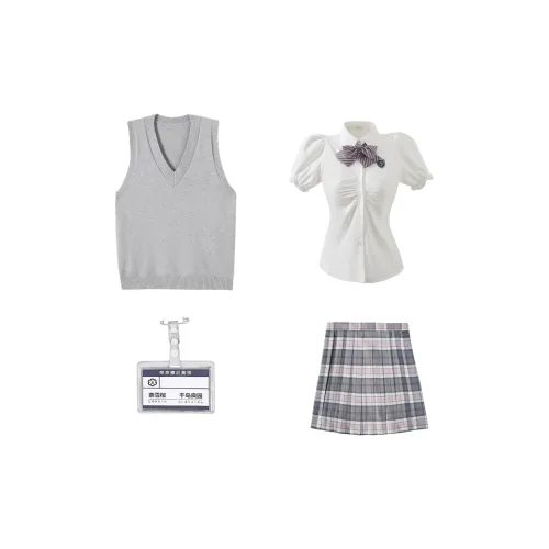 KAZAN Серый жилет FIVE Piece Set Серый V-образный жилет + Белая рубашка с утяжкой на талии + Серо-розовая юбка с воланами + Черно-розовый галстук-бабочка + Наименование ярлык Женская униформа