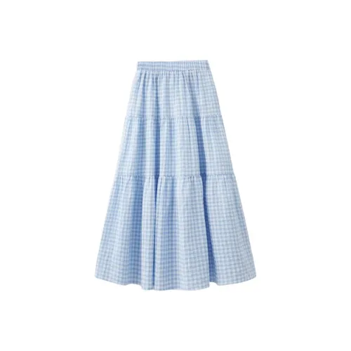 Three Blessings Повседневный Длинный Юбка Женская Синяя Клетка