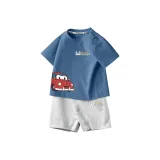 [100% Cotton T-Shirt + Shorts Clothing Sets] Синий + Светло-Серый