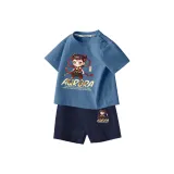 [Tibi Ne Zha 100% хлопковая футболка + шорты комплект одежды] Синий + Серый