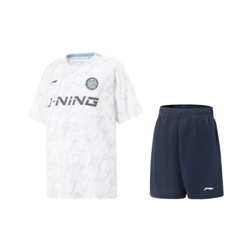 LINING YOUNG Повседневная спортивная одежда Football Комплект Топ Футбол С принтом по всей поверхности Стандартный Белый Шорты Темно-Морской Синий Подростки