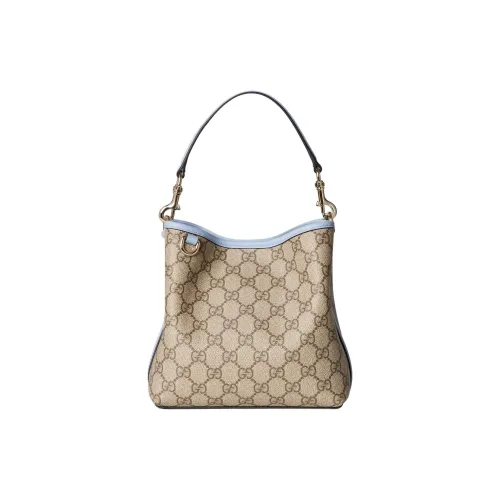 GUCCI GG Emblem Ткань с покрытием Ведрообразная сумка Сумка через плечо Маленькая Женская Бежевая и Темно-коричневая