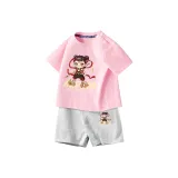 [Тиби Нэчжа 100% хлопковая футболка + шорты комплект одежды] Розовый + Серый