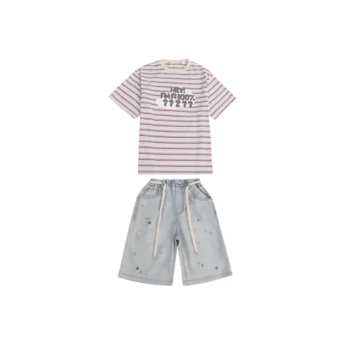 Because No Повседневная спортивная одежда Лето Полосатый Короткий рукав Рубашка + Деним MID Длина Брюки Детский