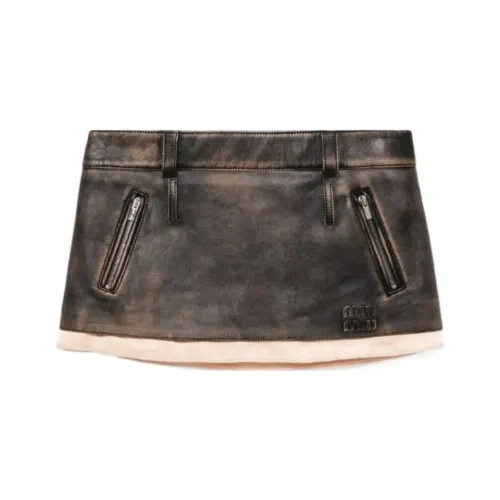 MIU MIU Кожаная короткая юбка женская коричневого цвета