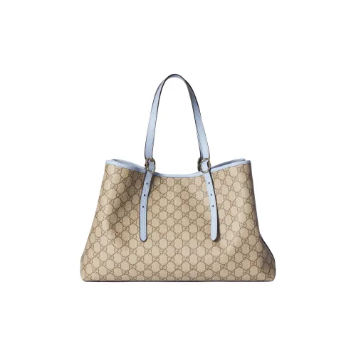 GUCCI GG Emblem Покрытая ткань Сумка через плечо Большая Женская Бежевая и Темно-коричневая