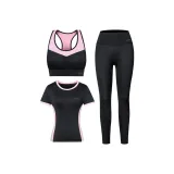 Комплект одежды (Черный и розовый топ + Черный и розовый бюстгальтер + Черные штаны)