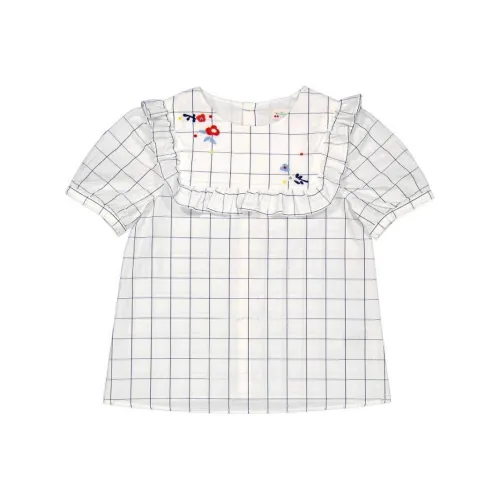 Bonpoint Детская одежда Клетка с рюшами на подоле пуговица круглый вырез короткие рукава летний детский белый