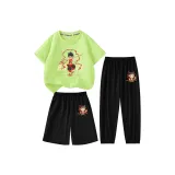 [Тиби Нэчжа 100% хлопковая футболка + шорты + брюки с защитой от комаров] Неоново-зеленый + черный + черный