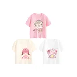 [100% хлопковая футболка] Розовый Девушка + Круглый Веер Малыш + Котенок Кошка