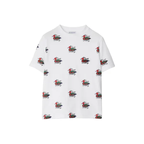 Burberry FW24 Логотип Утка Полный принт Круглый вырез Короткий рукав Т-рубашка Белый Детский