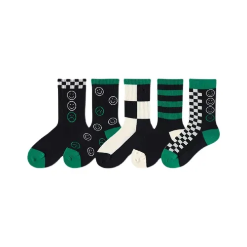 MIIOW 5 пар черных и зеленых полос + шахматный узор + шахматный узор смайлик + полный смайлик + черный и белый check носки для детей