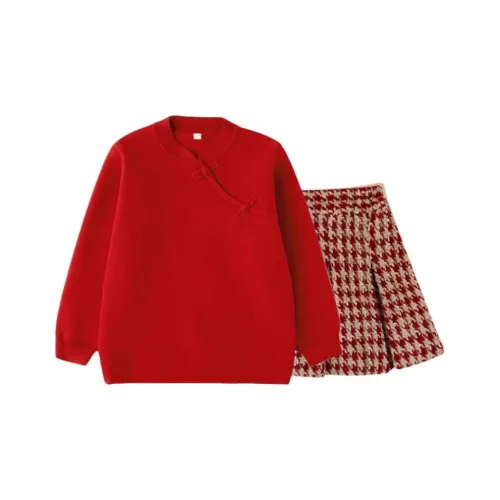 OVE 19722 Свитер Красный + 4383 Красная клетка Школьный возраст Комплекты с юбкой