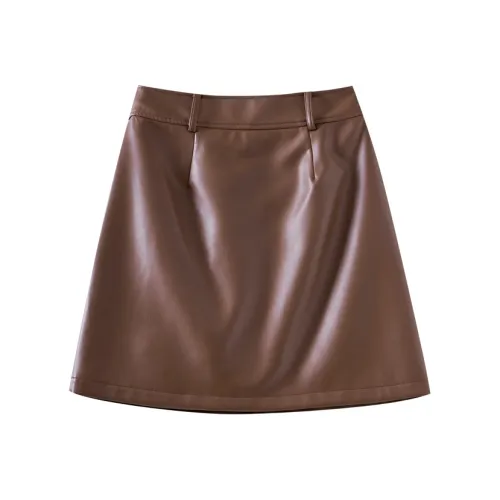OUNIXUE Кожаные короткие юбки Женские Кофе