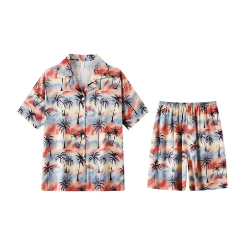 Qiao Ni Tong Винтаж Кокосовая пальма [Короткий рукав Рубашка + Шорты] Мужской Пижамный комплект