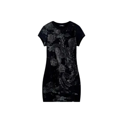 Ed Hardy Черное Женское Короткое Платье с Рукавами