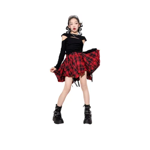 Детский комплект Aisina черный топ + красная юбка в клетку