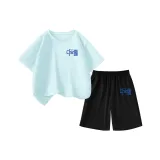 [Влагоотводящая одежда с коротким рукавом + быстросохнущие шорты] Светло-синий + черный